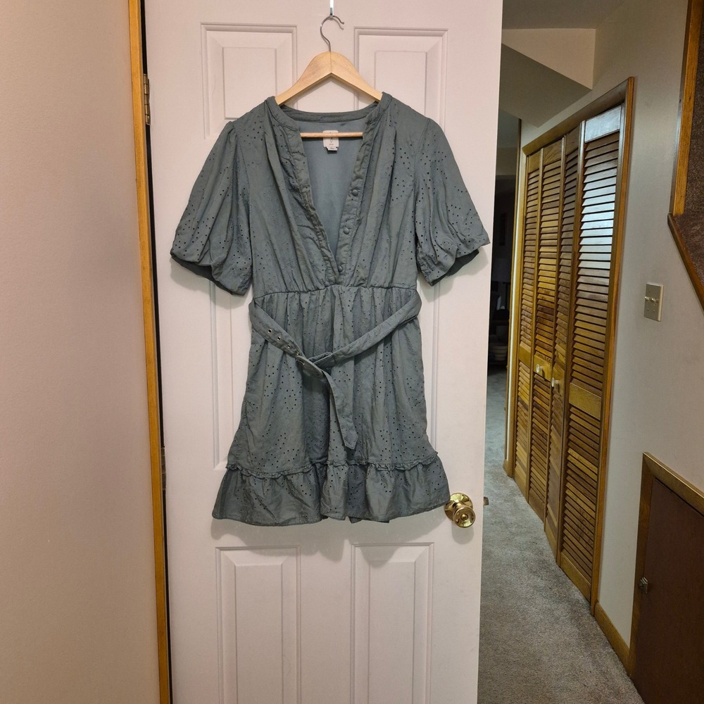 Joie Women Blue Eyelet Cotton Mini Dress Puff Sleeve‎ Belted V-Neck Size 10